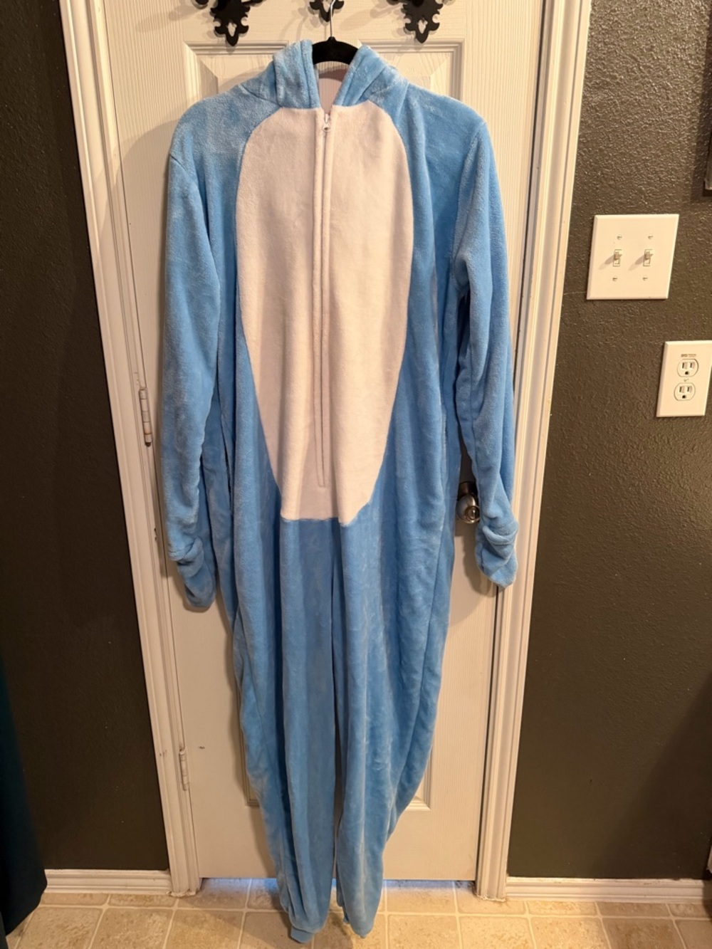 Adult Light Blue Plush Narwal Onesie with White Front Panel and Hood